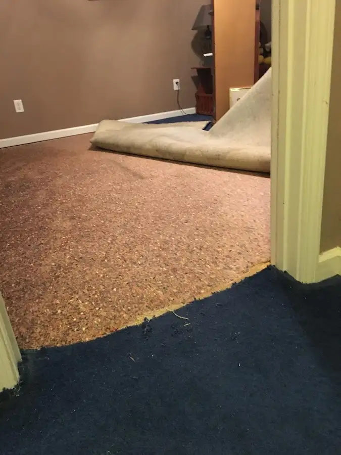 Carpet pad removal revealing water damage during Water Mitigation Services in Senoia